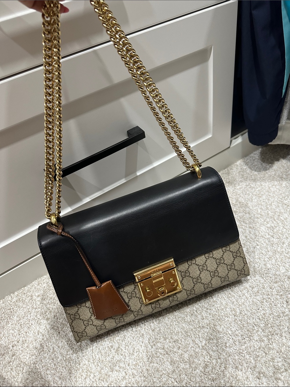 Gucci Black, Beige & Brown GG Canvas Shoulder Bag with Gold Hardware - Picture 1 of 6